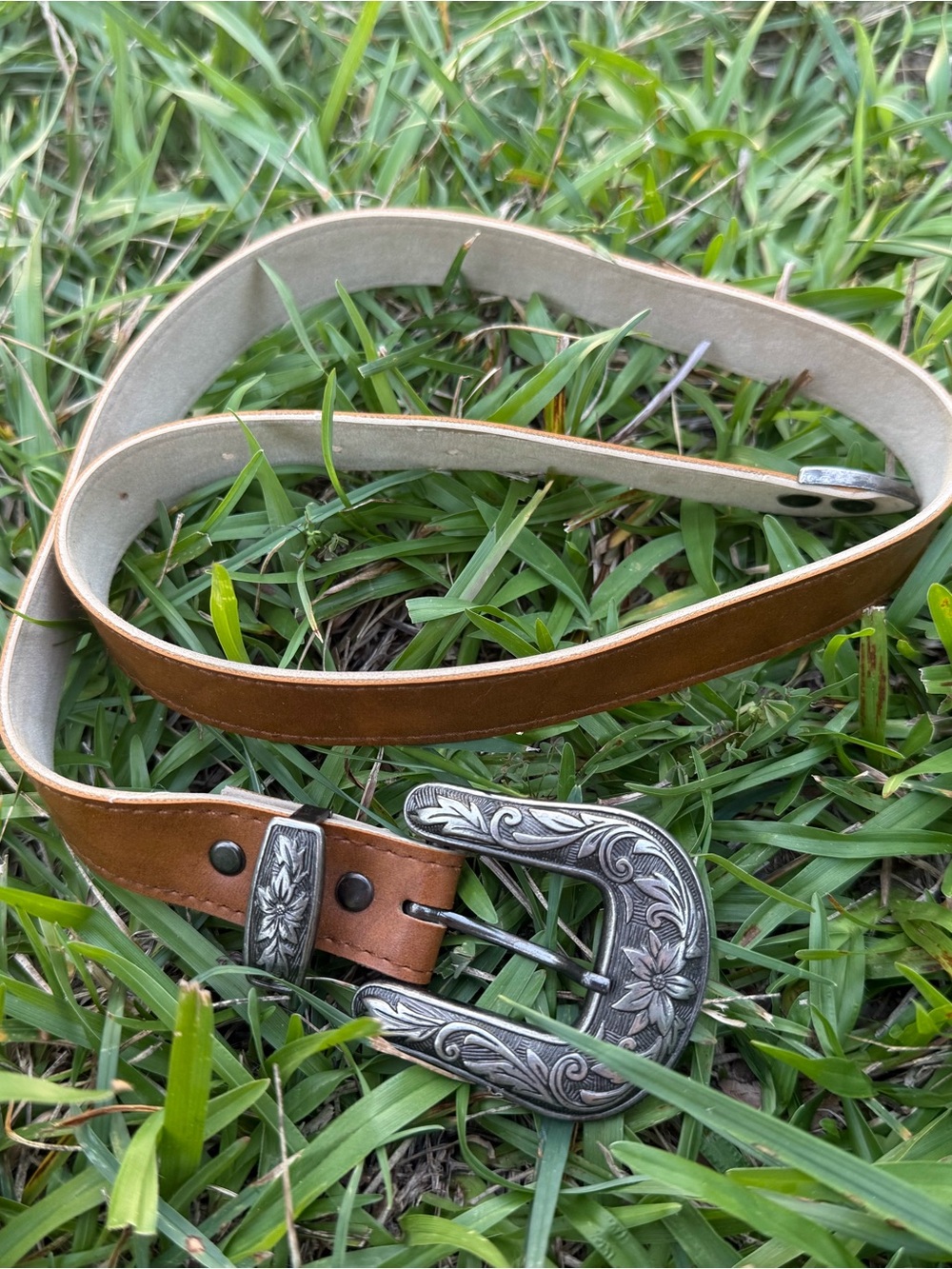 Women’s Brown Belt 32” Floral Engraved Buckle Boho Western Cowgirl Country Chic